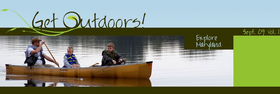 Get Outdoors! Logo - Man with 2 boys canoeing