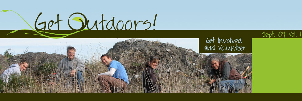 Get Outdoors! Logo - People volunteering in tall grass