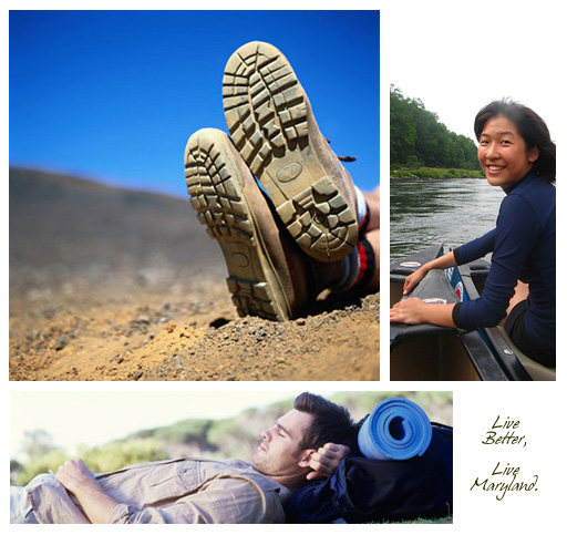 Hiking boots, girl in canoe, guy napping on mountain